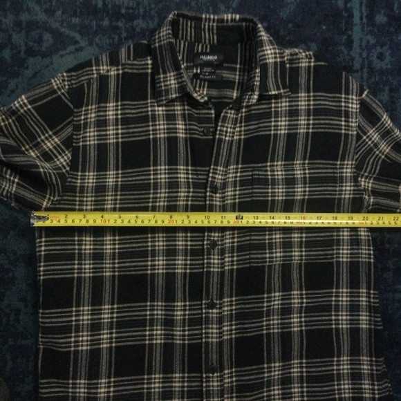 Pull & Bear Plaid Shirt Men's Button Up Medium Cotton Black and tan 40" Chest - Picture 14 of 16
